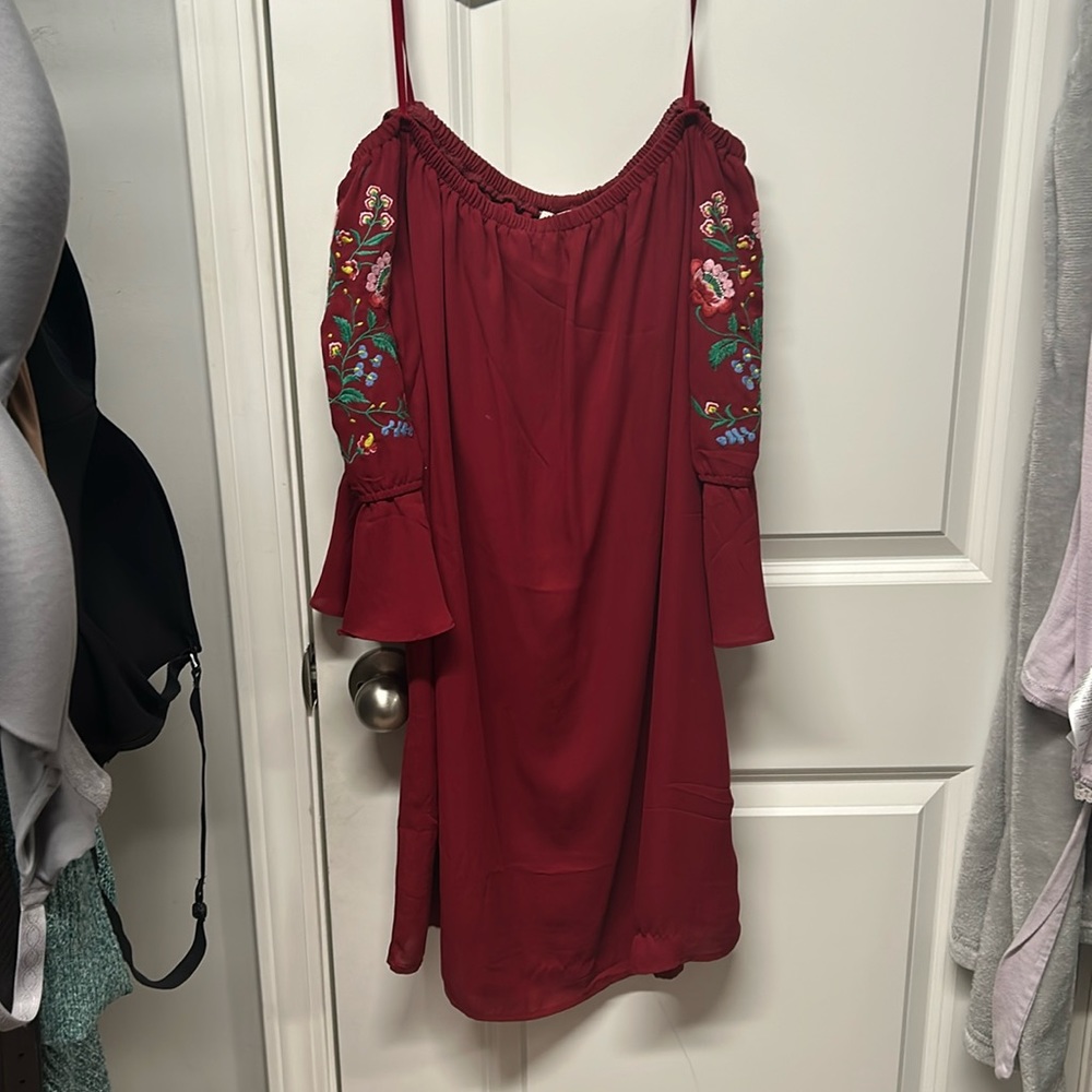 Red and embordered mini dress